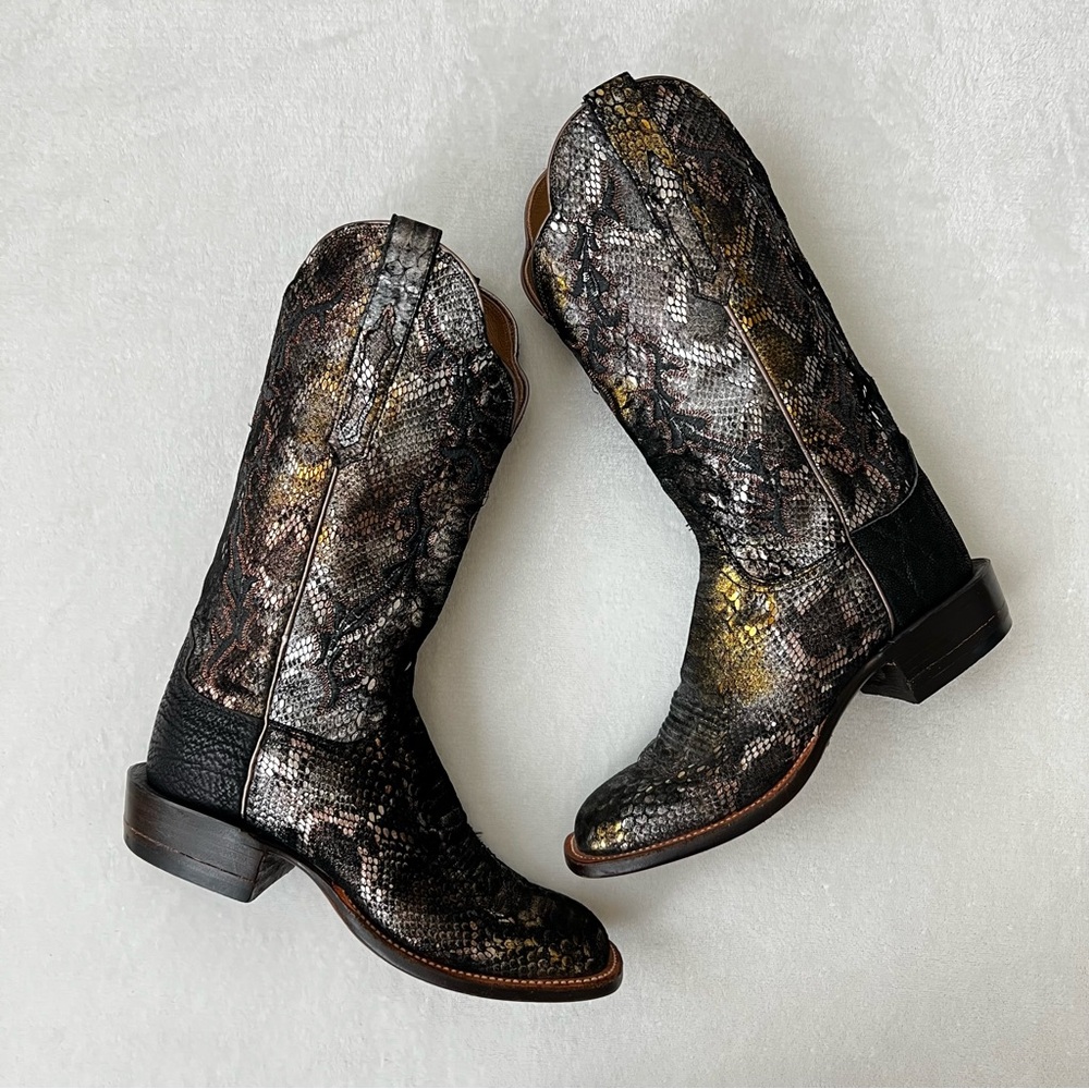 Lucchese Cowgirl Snake Print Metallic Iridescent Heeled Boots size 7.5